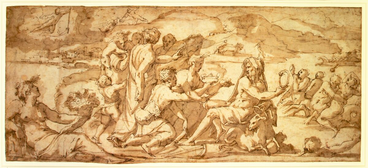 The First Fruits of the Earth Offered to Saturn, Giorgio Vasari (Italian, Arezzo 1511–1574 Florence), Pen and brown ink, brush and brown wash, over traces of red chalk