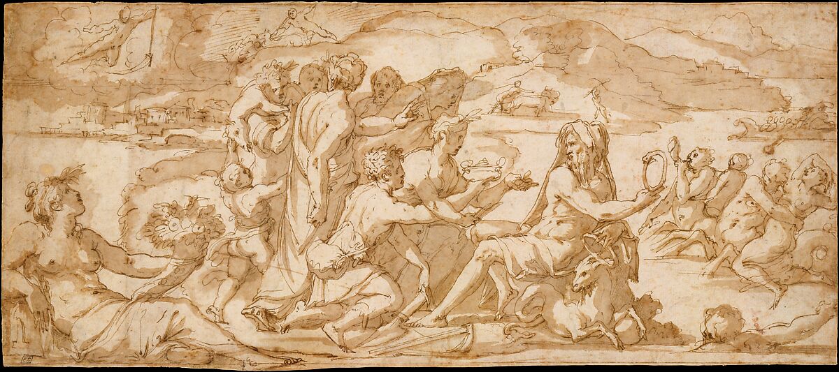 The First Fruits of the Earth Offered to Saturn, Giorgio Vasari (Italian, Arezzo 1511–1574 Florence), Pen and brown ink, brush and brown wash, over traces of red chalk