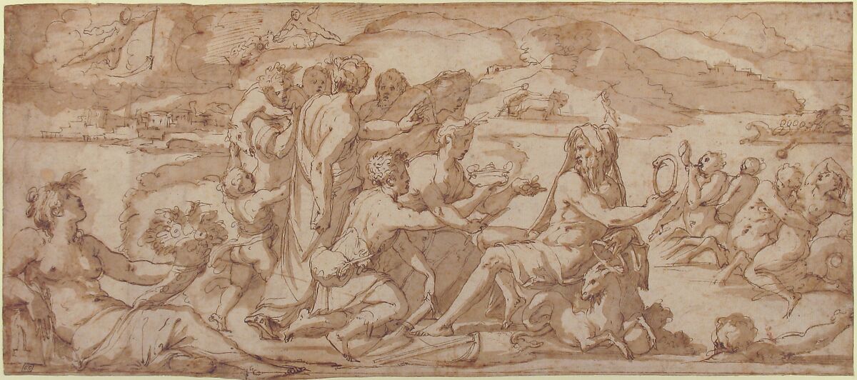 The First Fruits of the Earth Offered to Saturn, Giorgio Vasari (Italian, Arezzo 1511–1574 Florence), Pen and brown ink, brush and brown wash, over traces of red chalk