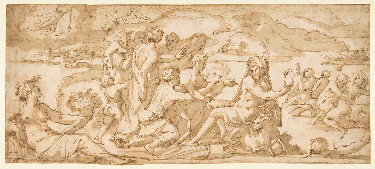 The First Fruits of the Earth Offered to Saturn, Giorgio Vasari (Italian, Arezzo 1511–1574 Florence), Pen and brown ink, brush and brown wash, over traces of red chalk 