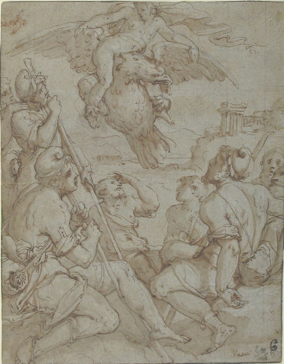 The Abduction of Ganymede, Giorgio Vasari (Italian, Arezzo 1511–1574 Florence), Pen and brown ink, brush and brown wash, highlighted with white, over black chalk on blue paper; squared in black chalk