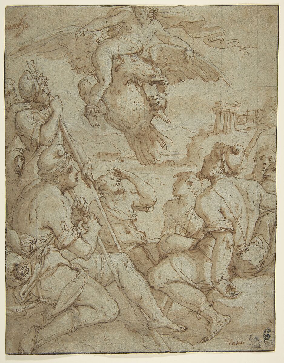 The Abduction of Ganymede, Giorgio Vasari (Italian, Arezzo 1511–1574 Florence), Pen and brown ink, brush and brown wash, highlighted with white, over black chalk on blue paper.  Squared in black chalk 