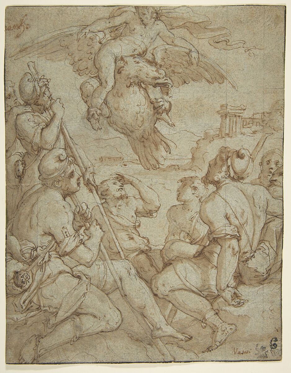 The Abduction of Ganymede, Giorgio Vasari  Italian, Pen and brown ink, brush and brown wash, highlighted with white, over black chalk on blue paper; squared in black chalk