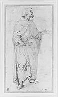 Standing Figure of Saint Peter Holding Book and Keys., Giovanni de' Vecchi (Italian, Borgo Sansepolcro 1536/37–1615 Rome), Pen and two shades of brown ink, brush and pale brown wash, over traces of black chalk