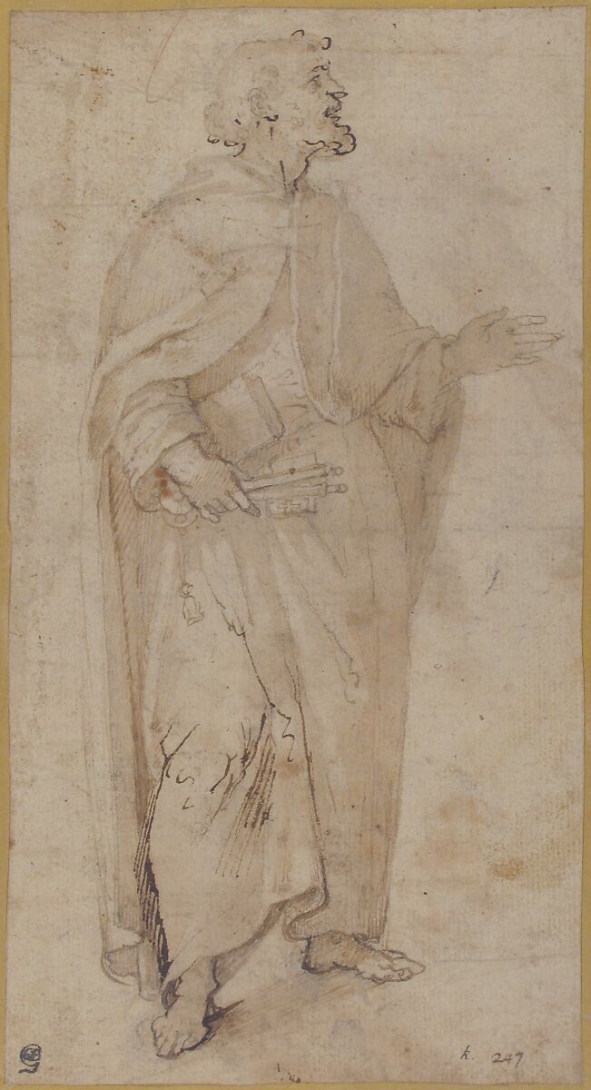 Standing Figure of Saint Peter Holding Book and Keys., Giovanni de' Vecchi (Italian, Borgo Sansepolcro 1536/37–1615 Rome), Pen and two shades of brown ink, brush and pale brown wash, over traces of black chalk