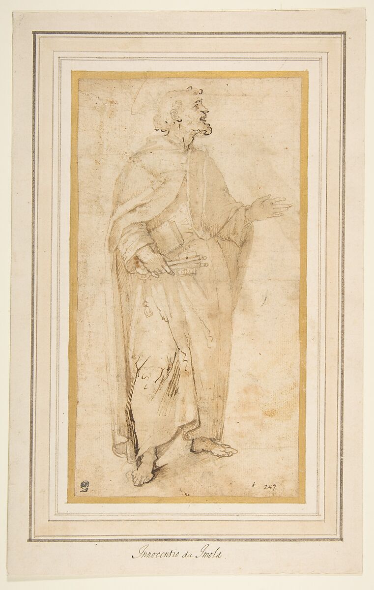 Standing Figure of Saint Peter Holding Book and Keys., Giovanni de' Vecchi (Italian, Borgo Sansepolcro 1536/37–1615 Rome), Pen and two shades of brown ink, brush and pale brown wash, over traces of black chalk