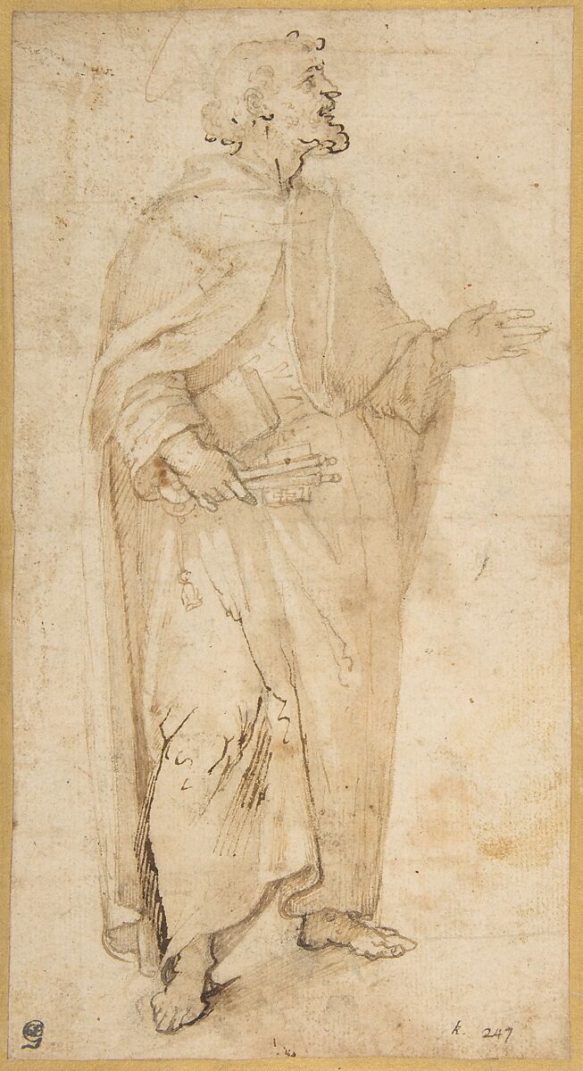 Standing Figure of Saint Peter Holding Book and Keys., Giovanni de&#39; Vecchi (Italian, Borgo Sansepolcro 1536/37–1615 Rome), Pen and two shades of brown ink, brush and pale brown wash, over traces of black chalk 
