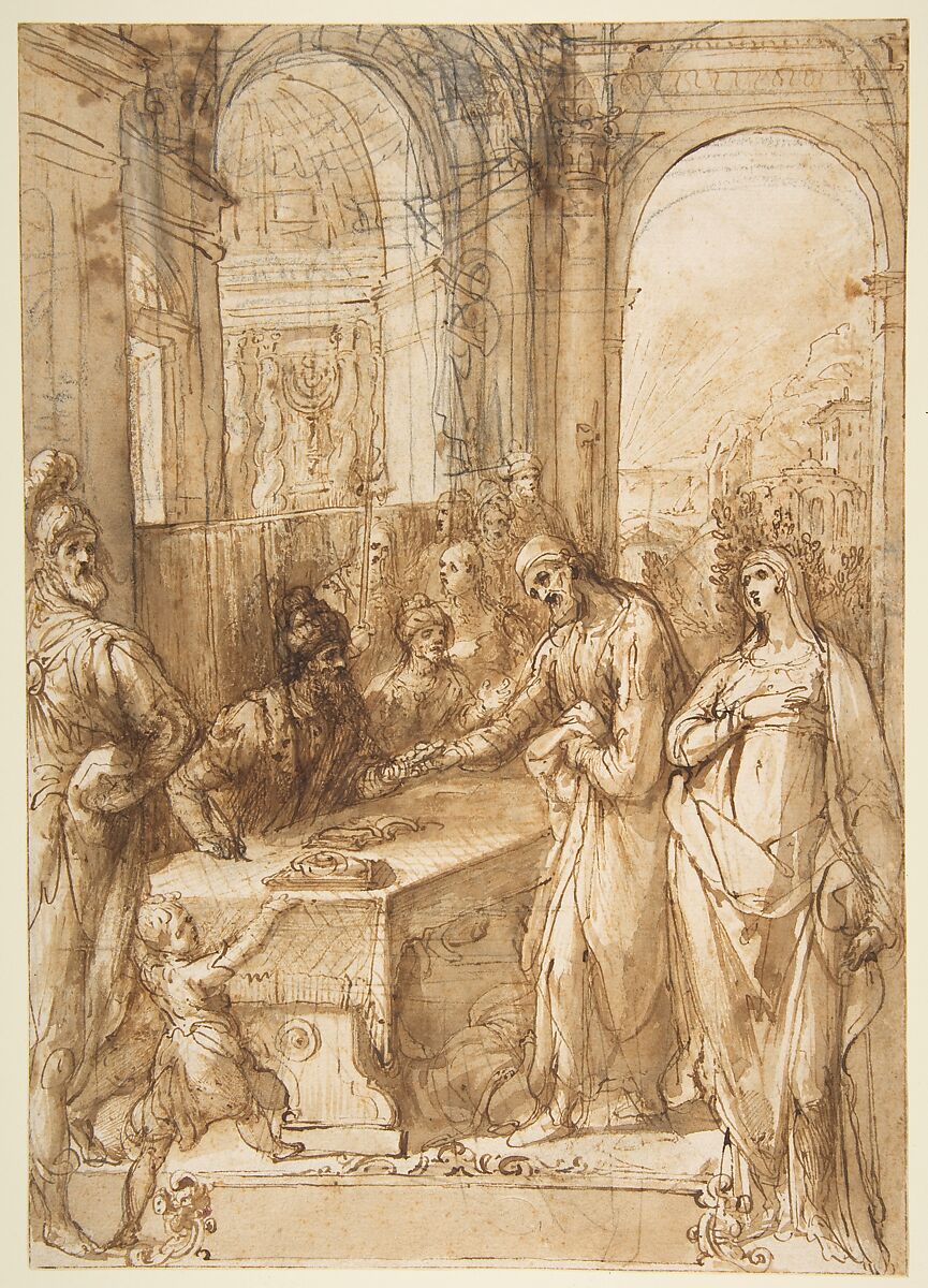 Esther and Mordecai before King Ahasuerus (Esther 8:1- 12), Giovanni de&#39; Vecchi (Italian, Borgo Sansepolcro 1536/37–1615 Rome), Pen and brown ink, brush and brown wash, over black chalk 