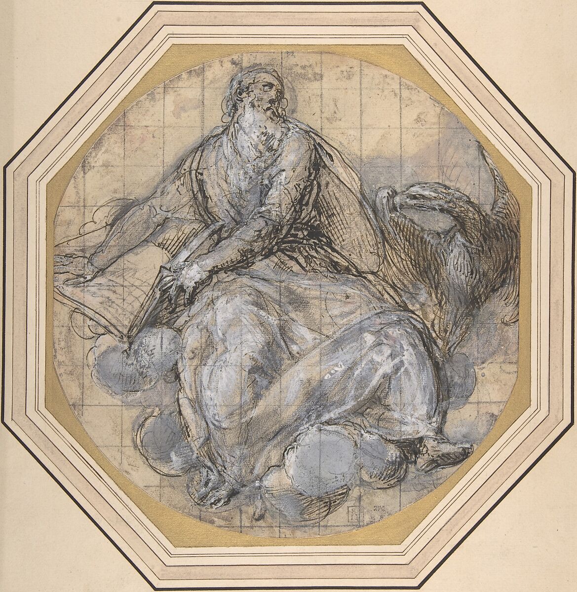 Saint John the Evangelist, Giovanni de&#39; Vecchi (Italian, Borgo Sansepolcro 1536/37–1615 Rome), Pen and dark brown ink, extensively highlighted with white, over black chalk, on beige paper; squared in black chalk 