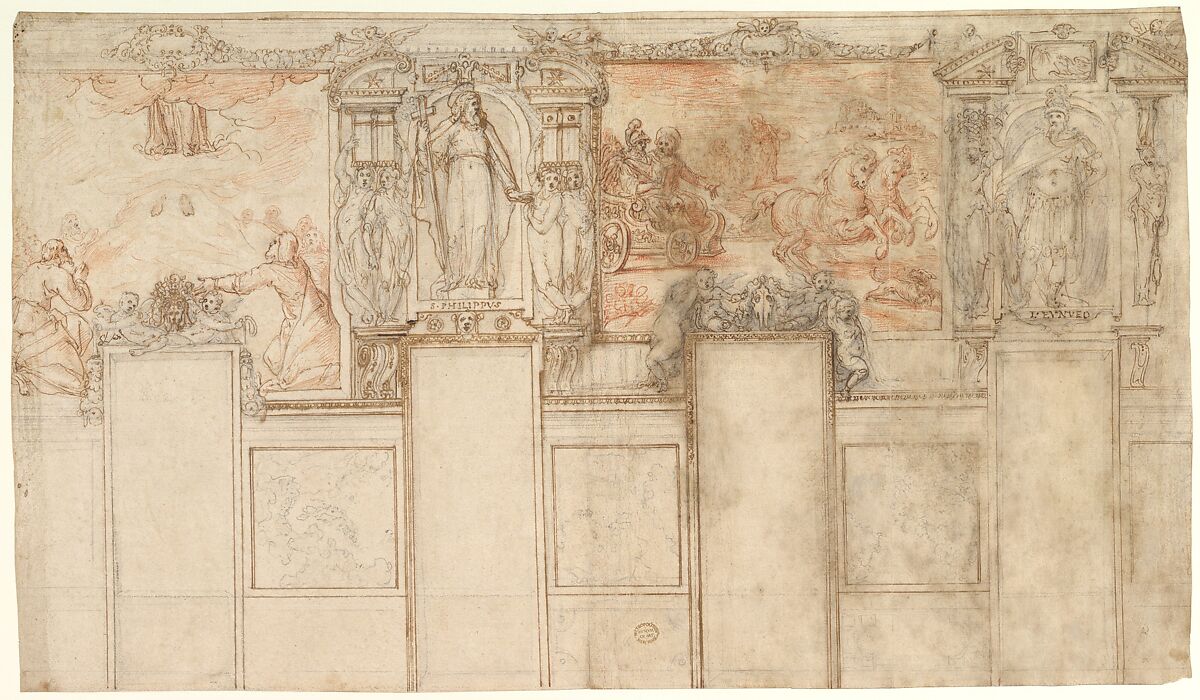 Design for a Wall Decoration: Representations of the Ascension and of the Conversion of the Ethiopian Eunuch, Giovanni de&#39; Vecchi (Italian, Borgo Sansepolcro 1536/37–1615 Rome), Pen and brown ink, over black chalk (architectural elements); red chalk, pen and brown ink, traces of black chalk (narrative scenes) 