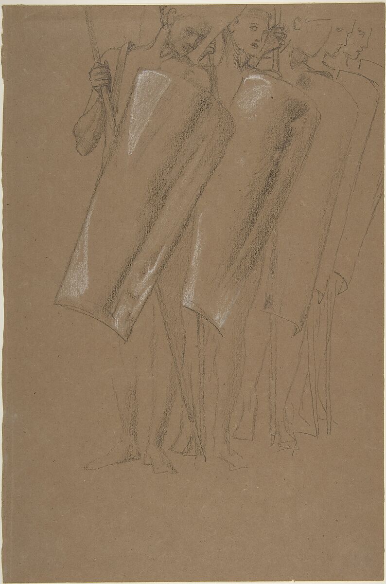 Armed Men, Sir Edward Burne-Jones (British, Birmingham 1833–1898 Fulham), Graphite, heightened with white chalk, on brown paper 