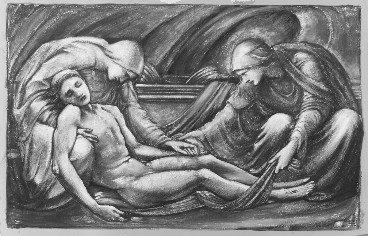 The Entombment, Sir Edward Burne-Jones (British, Birmingham 1833–1898 Fulham), Green, blue, brown and touches of reddish bodycolor, heightened with white  gouache (bodycolor)
