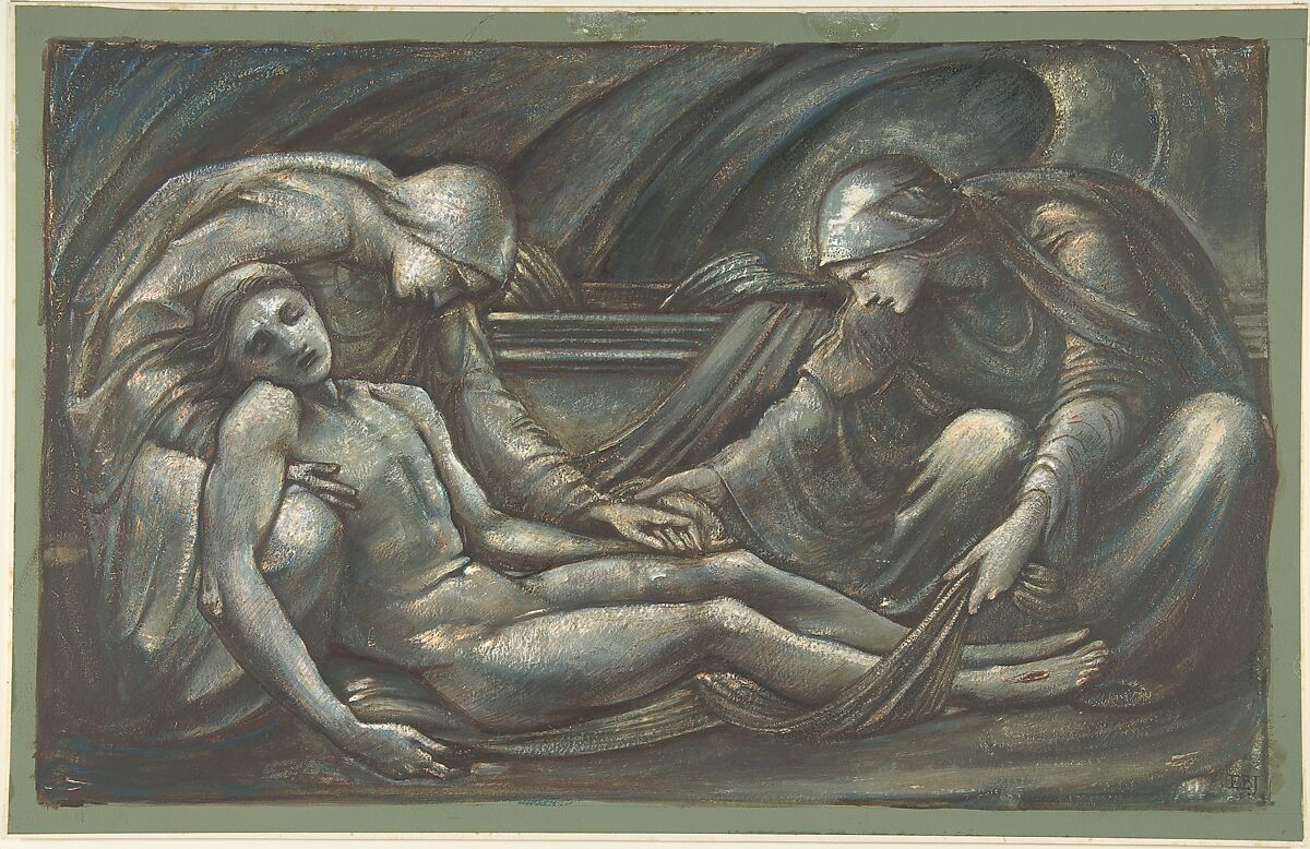 The Entombment, Sir Edward Burne-Jones (British, Birmingham 1833–1898 Fulham), Green, blue, brown and touches of reddish bodycolor, heightened with white  gouache (bodycolor) on green paper 
