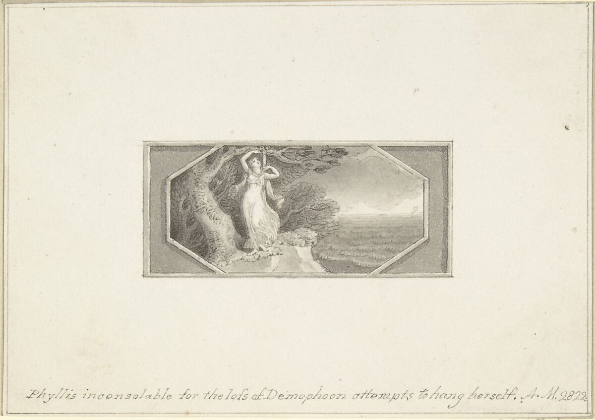 Phyllis inconsolable for the loss of Demophoon, attempts to hang herself, Edward Francis Burney (British, Worcester 1760–1848 London), Pen and brown ink, brush and gray wash 