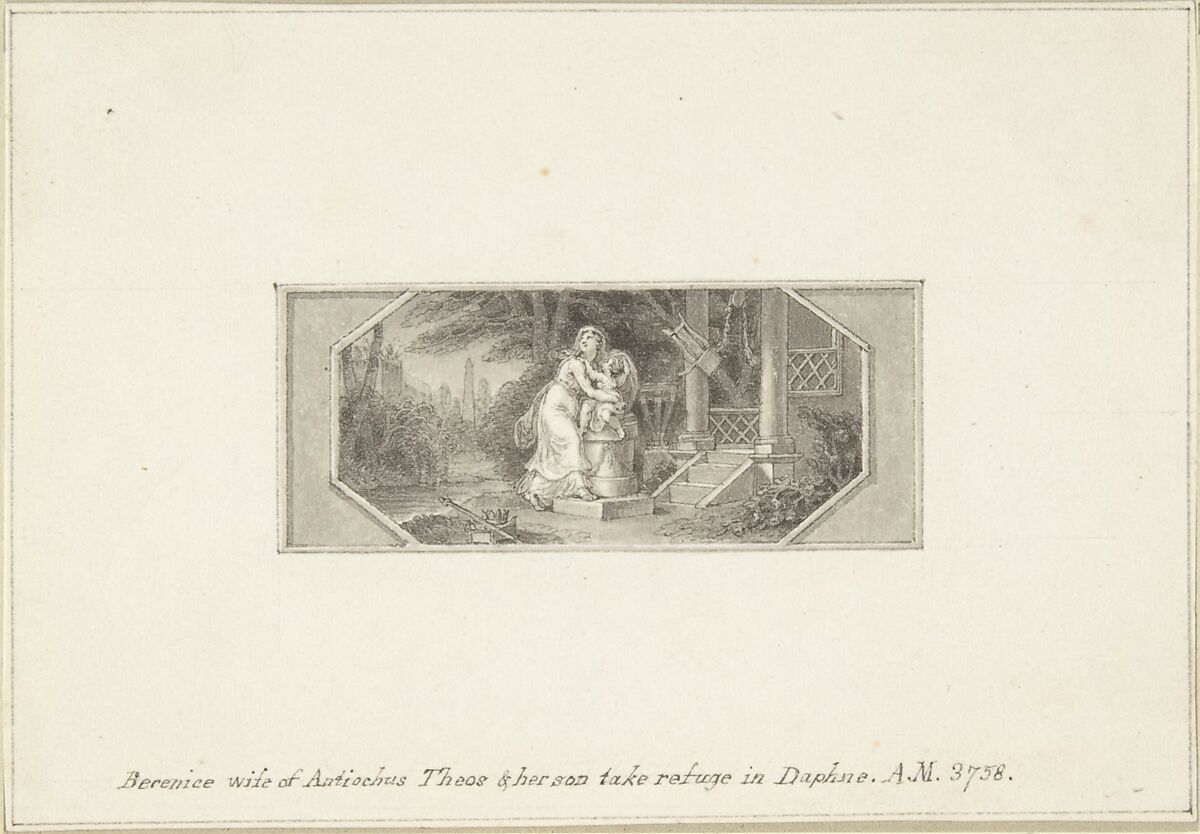 Berenice, wife of Antiochus Theos, and her son take refuge in Daphne, Edward Francis Burney (British, Worcester 1760–1848 London), Pen and brown ink, brush and gray wash 