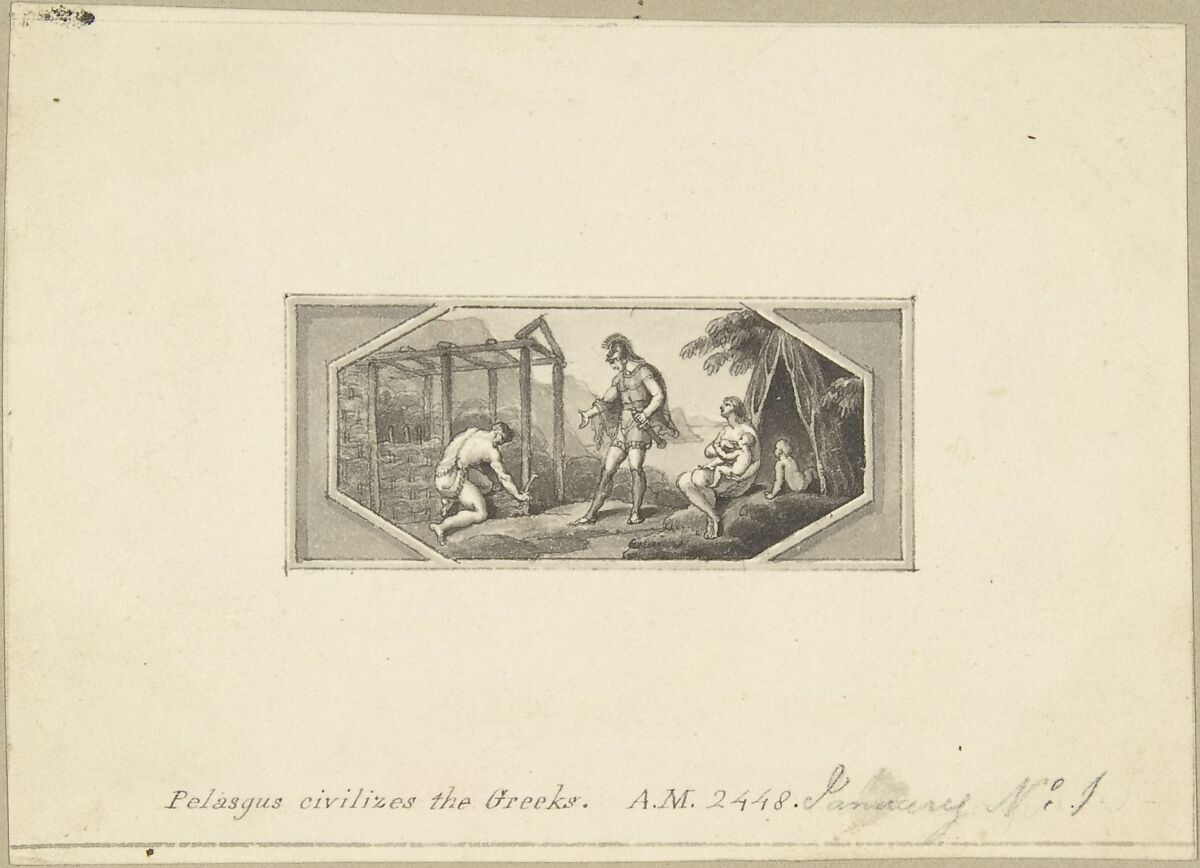 Pelasgus Civilizes the Greeks, Edward Francis Burney (British, Worcester 1760–1848 London), Pen and brown ink, brush and gray wash 