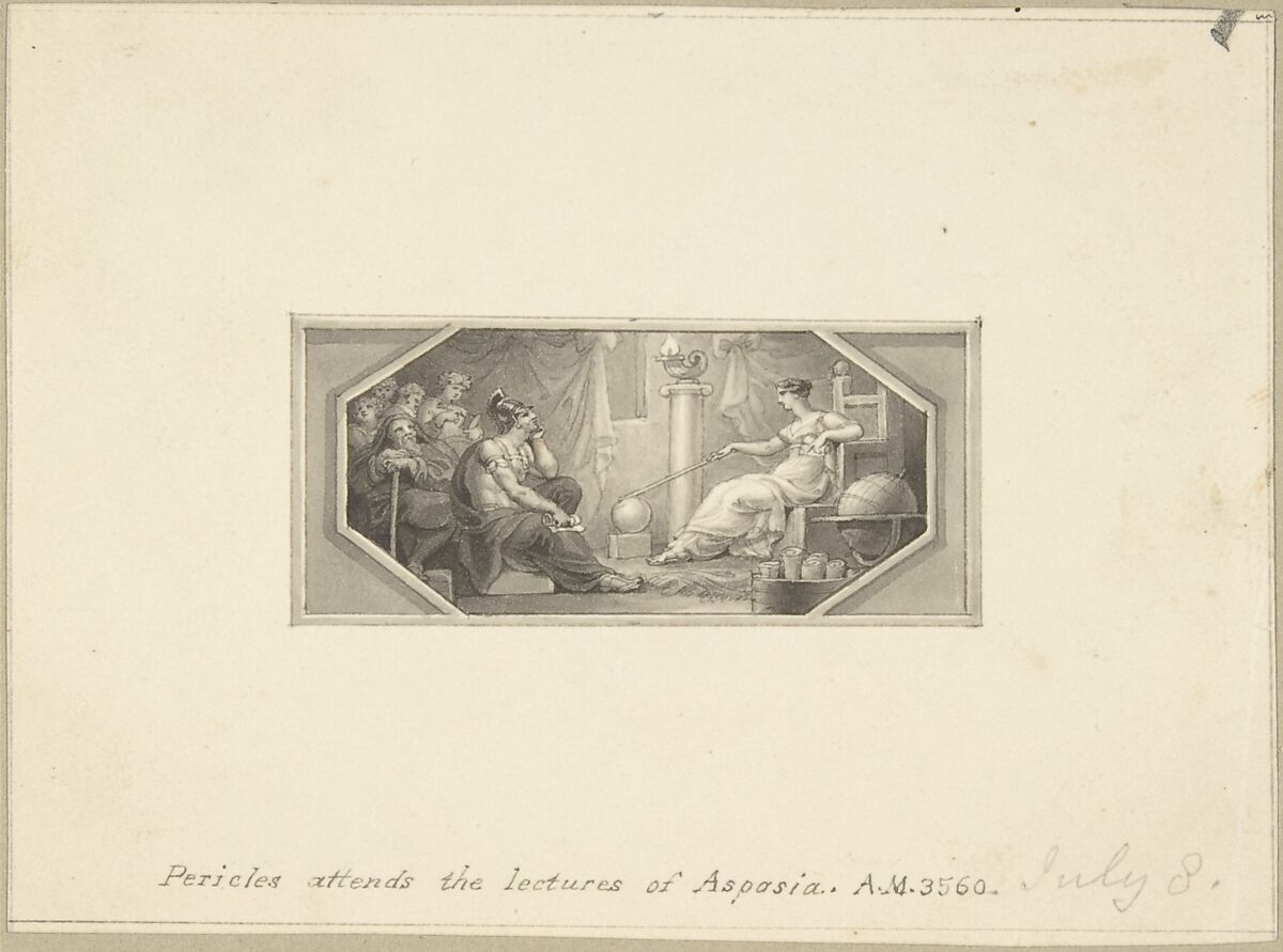 Pericles Attends the Lectures of Aspasia, Edward Francis Burney (British, Worcester 1760–1848 London), Pen and brown ink, brush and gray wash 