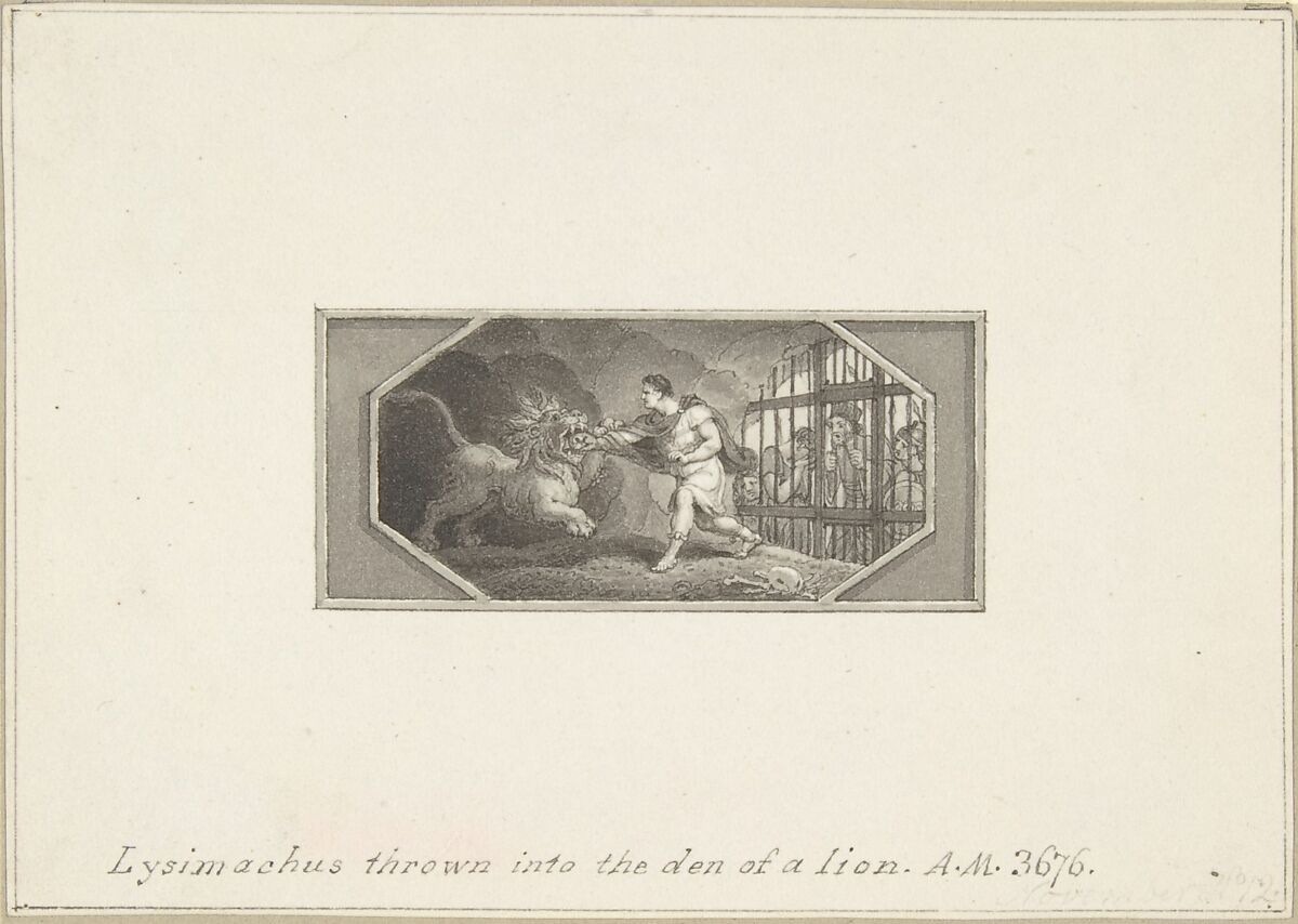 Lysimachus thrown into the Den of a Lion, Edward Francis Burney (British, Worcester 1760–1848 London), Pen and brown ink, brush and gray wash 