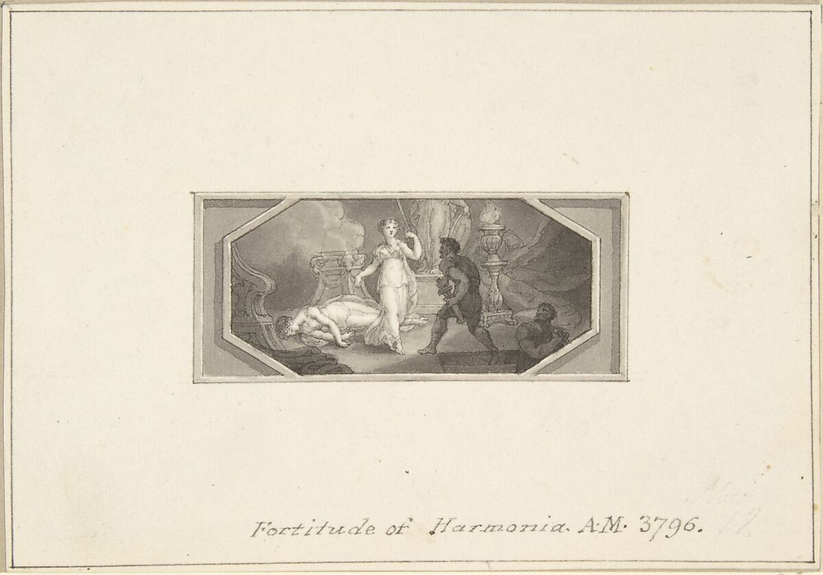 Fortitude of Harmonia, Edward Francis Burney (British, Worcester 1760–1848 London), Pen and brown ink, brush and gray wash 