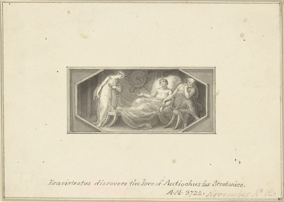 Erasistratus discovers the love of Antiochus for Stratonice, Edward Francis Burney (British, Worcester 1760–1848 London), Pen and brown ink, brush and gray wash 