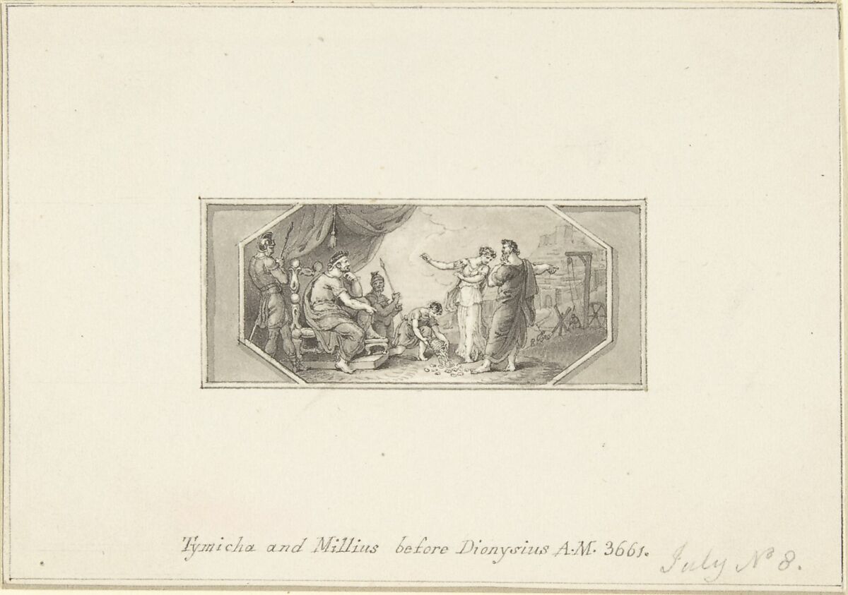 Tymicha and Millius before Dionysius, Edward Francis Burney (British, Worcester 1760–1848 London), Pen and brown ink, brush and gray wash 