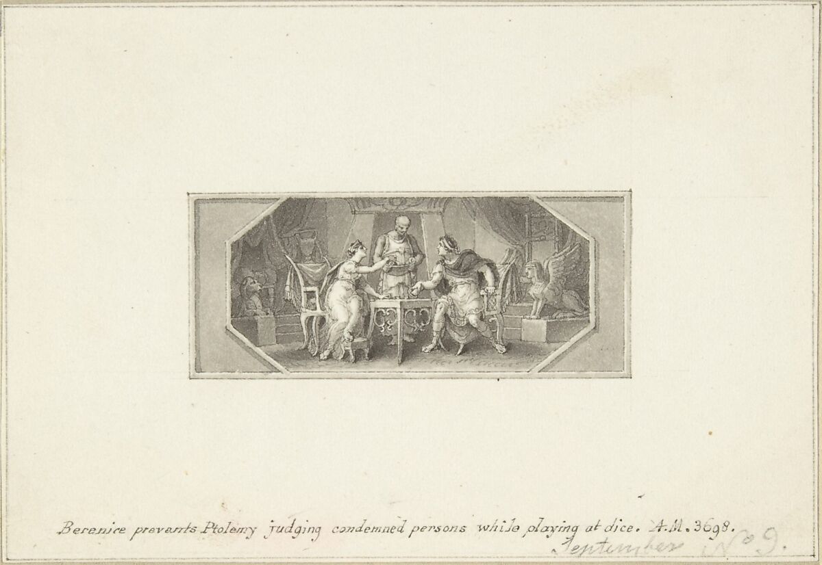 Berenice prevents Ptolemy judging Condemned Persons while playing at Dice, Edward Francis Burney (British, Worcester 1760–1848 London), Pen and brown ink, brush and gray wash 