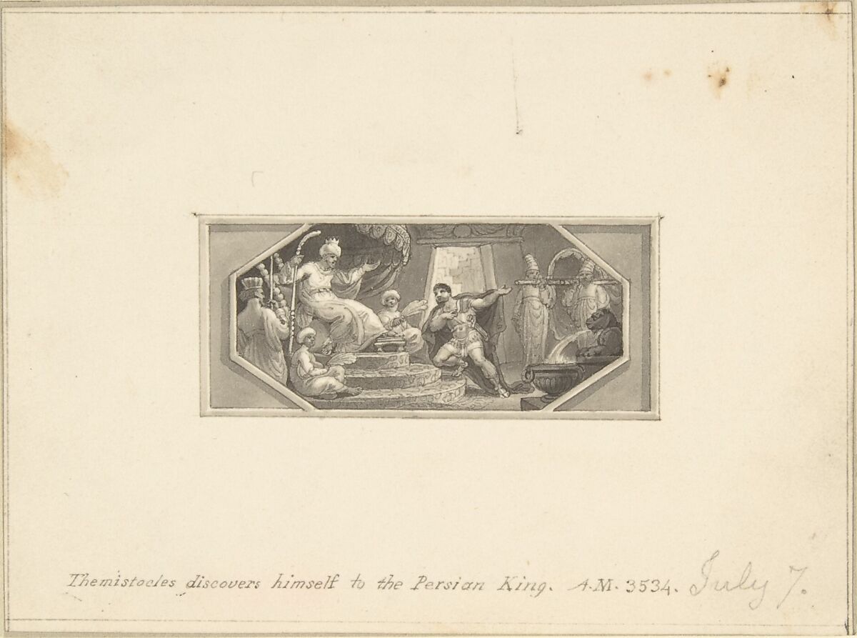 Themistocles Discovers Himself to the Persian King, Edward Francis Burney (British, Worcester 1760–1848 London), Pen and brown ink, brush and gray wash 