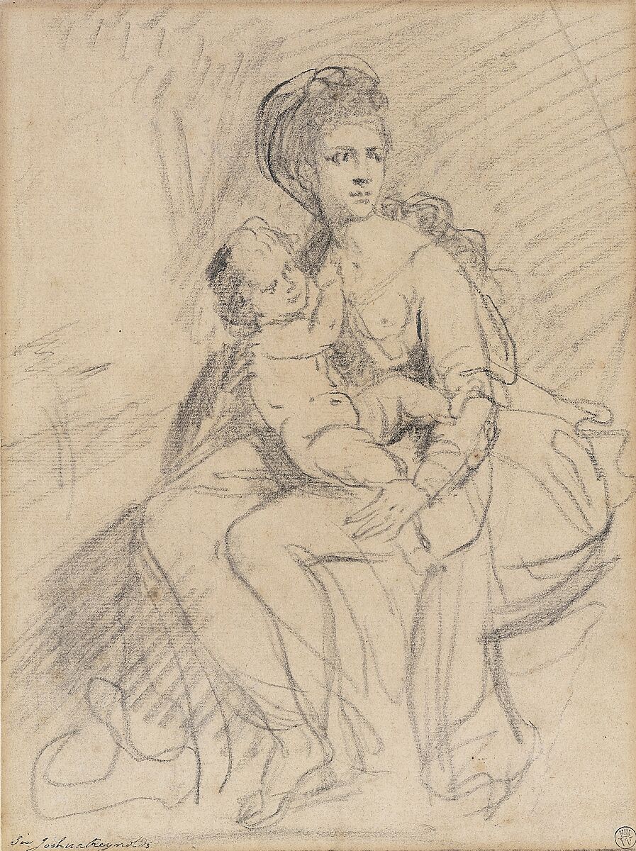 Study of a woman and child, Sir Joshua Reynolds (British, Plympton 1723–1792 London), Black chalk