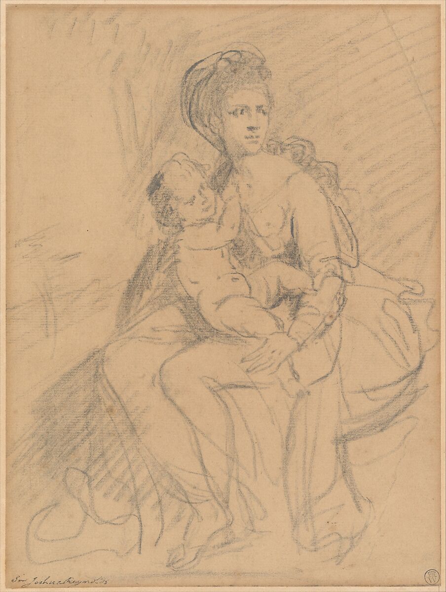 Study of a woman and child, Sir Joshua Reynolds (British, Plympton 1723–1792 London), Black chalk 