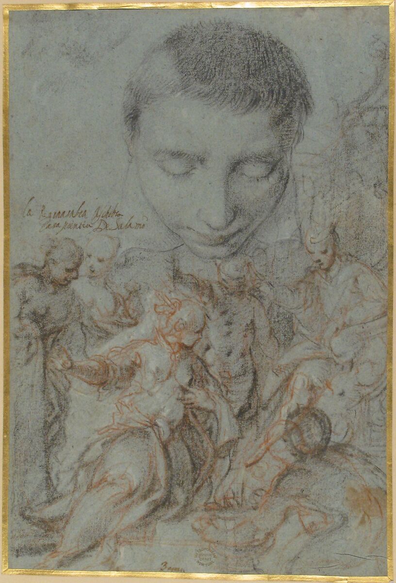 Study of Boy's Head; the Queen of Sheba Before Solomon, Attributed to Antonio Vassilacchi (called "Il Aliense") (Italian, Melos 1556–1629 Venice), Black and red chalk, partly highlighted with white chalk, on blue paper