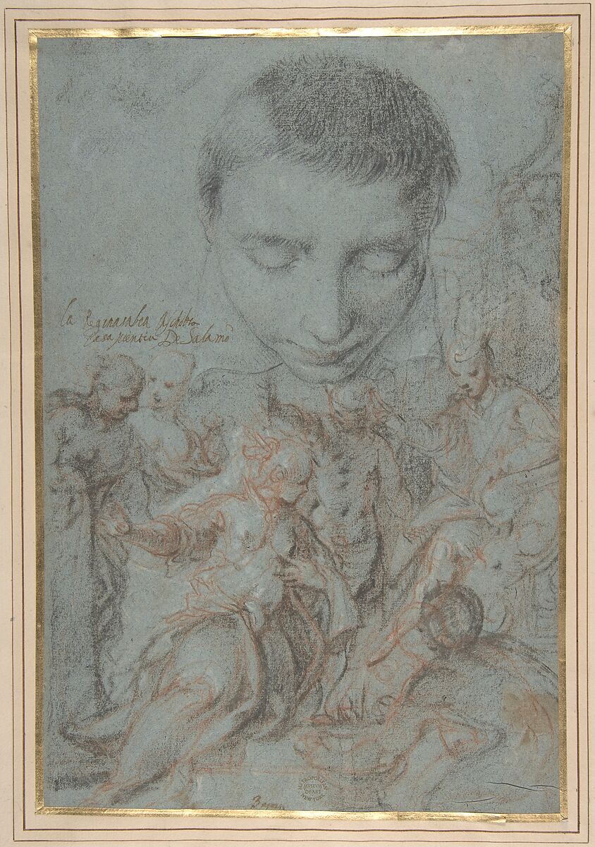 Study of Boy's Head; the Queen of Sheba Before Solomon, Attributed to Antonio Vassilacchi (called "Il Aliense") (Italian, Melos 1556–1629 Venice), Black and red chalk, partly highlighted with white chalk, on blue paper 