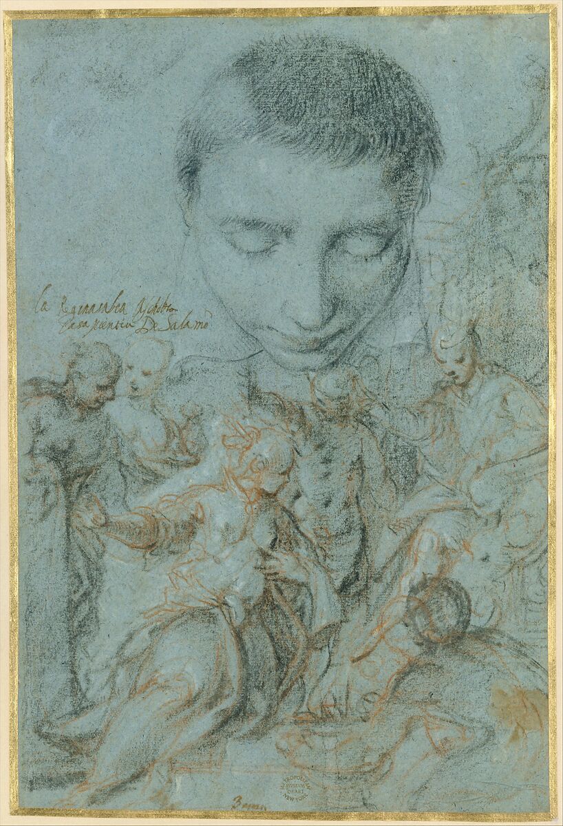 Study of Boy's Head; the Queen of Sheba Before Solomon, Attributed to Antonio Vassilacchi (called "Il Aliense") (Italian, Melos 1556–1629 Venice), Black and red chalk, partly highlighted with white chalk, on blue paper