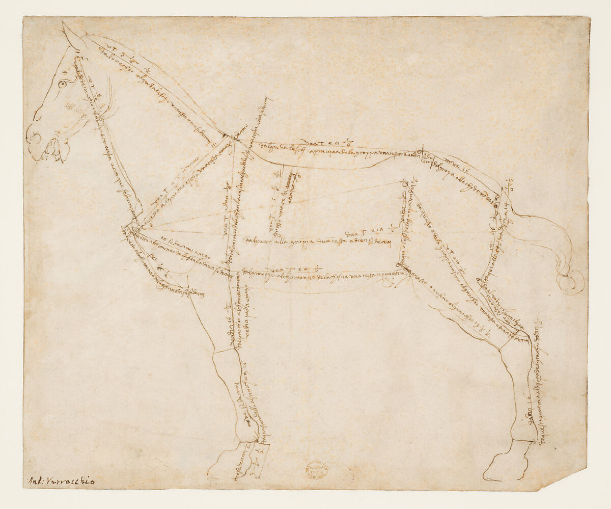 Measured Drawing of a Horse Facing Left (recto), Andrea del Verrocchio  Italian, Pen and dark brown ink, over traces of black chalk