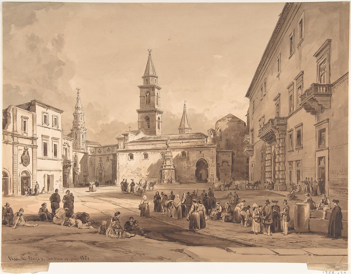 The Main Square in Andria (Bari), Achille Vianelli (Viennelly) (Italian, Porto Maurizio di Imperia 1803–1894 Benevento), Pen and brown ink, brush and brown wash, over graphite 