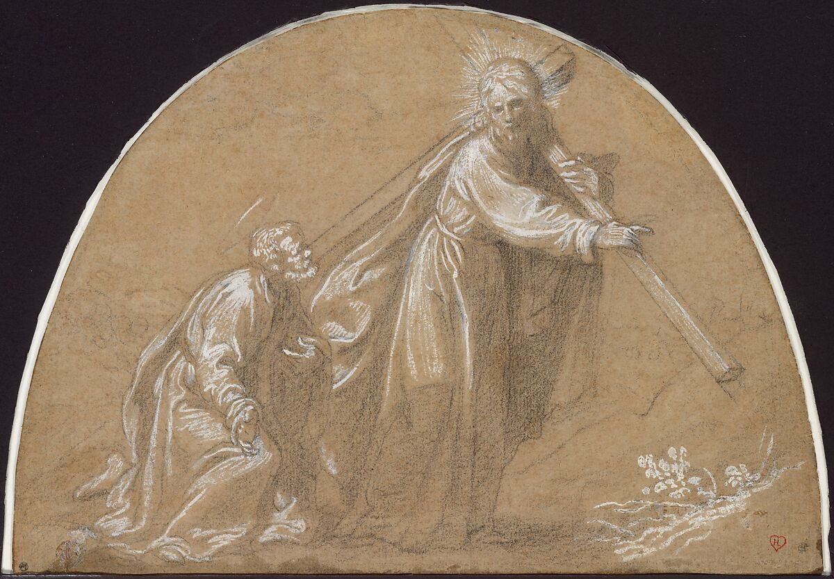 Domine, Quo Vadis, Jacopo Vignali (Italian, Pratovecchio 1592–1664 Florence), Black chalk, highlighted with white, on brown paper; cropped to the shape of a lunette