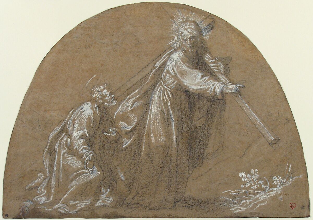 Domine, Quo Vadis, Jacopo Vignali (Italian, Pratovecchio 1592–1664 Florence), Black chalk, highlighted with white, on brown paper; cropped to the shape of a lunette