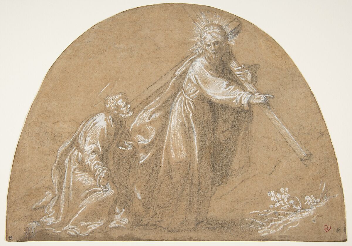 Domine, Quo Vadis, Jacopo Vignali (Italian, Pratovecchio 1592–1664 Florence), Black chalk, highlighted with white, on brown paper; cropped to the shape of a lunette 