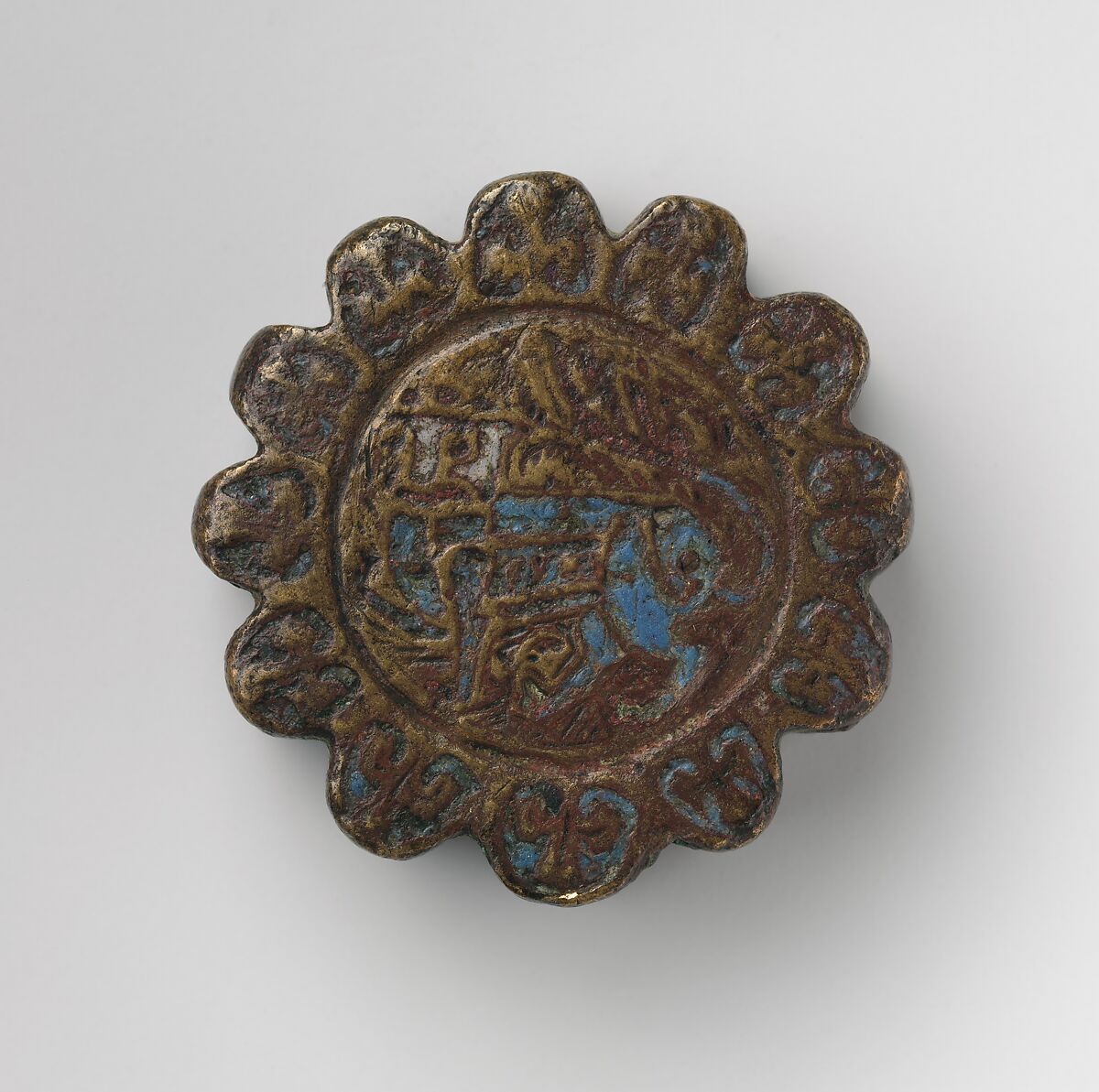 Round Dagger Pommel with Scalloped Edges, Copper alloy, enamel, French