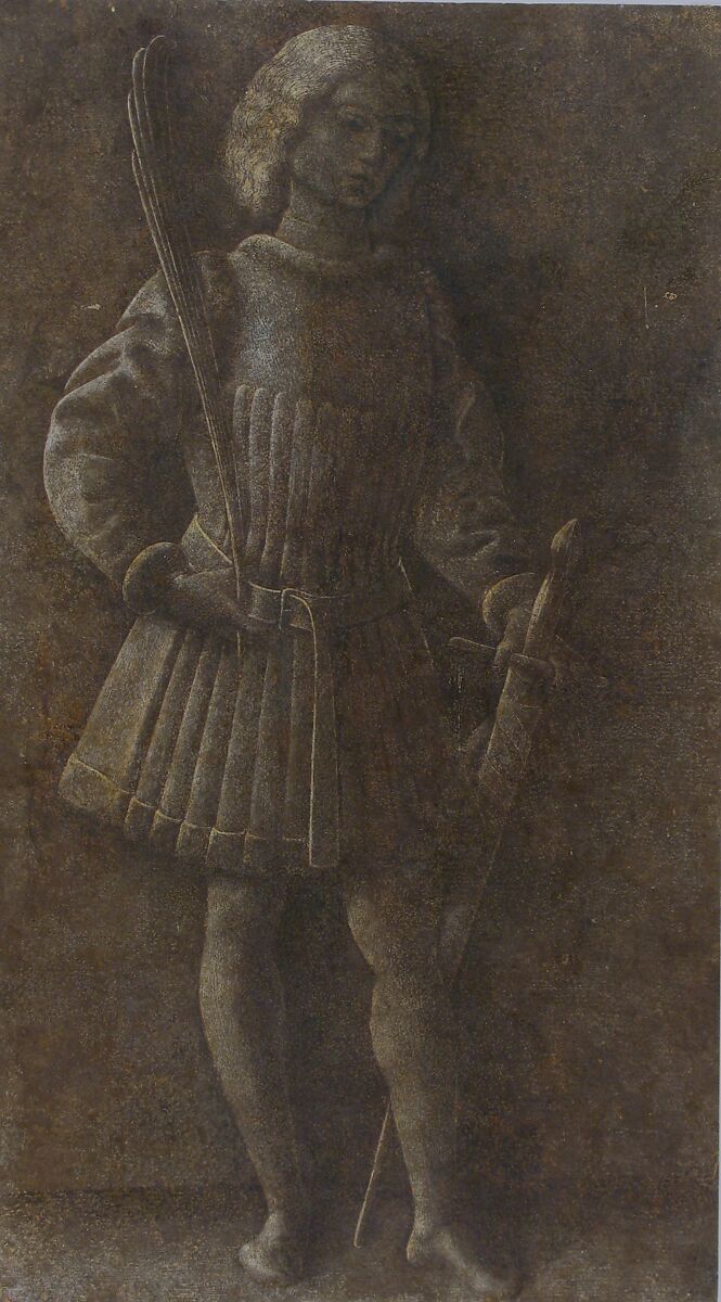 Standing Youth with Sword and Palm Branch, Attributed to Antonio Vivarini (Italian, Venice, active by 1440–died 1476/84), Brush and brown wash, highlighted with white, on brown-washed paper