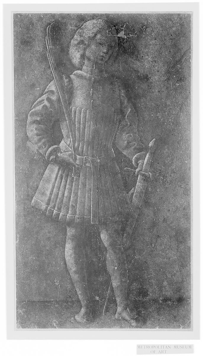 Standing Youth with Sword and Palm Branch, Attributed to Antonio Vivarini (Italian, Venice, active by 1440–died 1476/84), Brush and brown wash, highlighted with white, on brown-washed paper