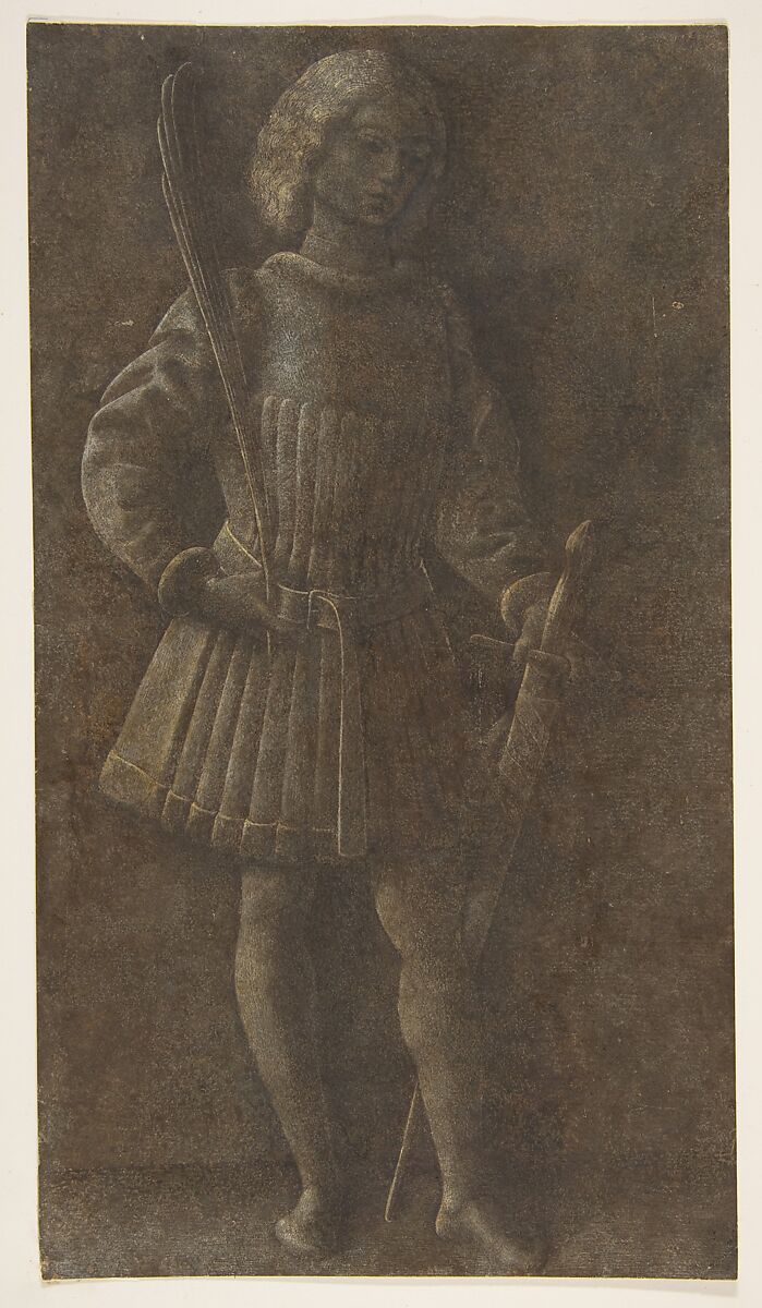Standing Youth with Sword and Palm Branch, Attributed to Antonio Vivarini (Italian, Venice, active by 1440–died 1476/84), Brush and brown wash, highlighted with white, on brown-washed paper 