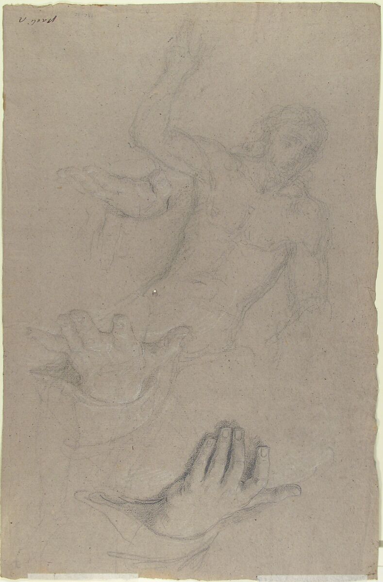Christ Blessing, Giacomo Zoboli (Italian, Modena 1681–1767 Rome), Black chalk, highlighted with white, on grayish brown paper (recto); faint black chalk study of the same figure and three studies for a left hand (verso)