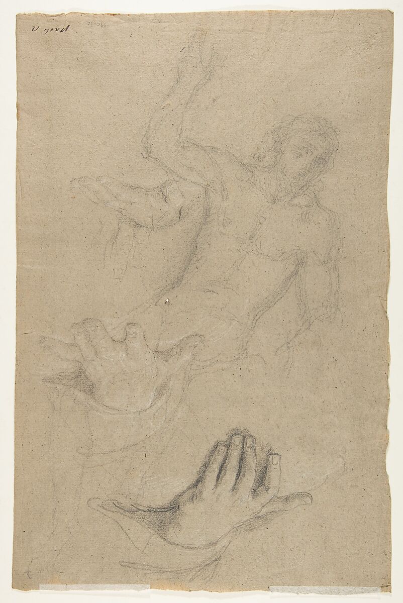 Christ Blessing, Giacomo Zoboli (Italian, Modena 1681–1767 Rome), Black chalk, highlighted with white, on grayish brown paper (recto); faint black chalk study of the same figure and three studies for a left hand (verso)