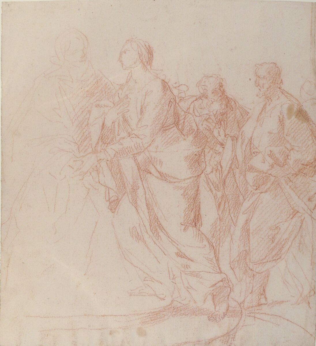The Visitation of Our Lady (Luke 1:39-56)(recto); Zachariah (verso), Giacomo Zoboli (Italian, Modena 1681–1767 Rome), Red chalk. Verso: faint red chalk studies for the figures of Joseph and Zechariah