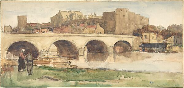 View of a Bridge at Angers, Sir David Young Cameron (British, Glasgow, Scotland 1865–1945 Perth, Scotland), Watercolor and black chalk over graphite 