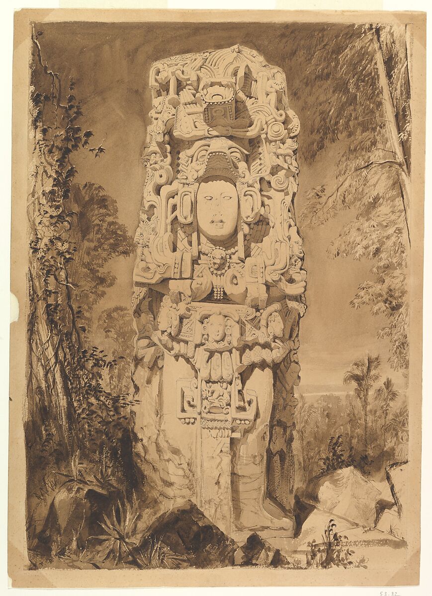 Stela at Copán, Frederick Catherwood (British, London 1799–1854 at sea, near Liverpool), Brush and brown wash over graphite 