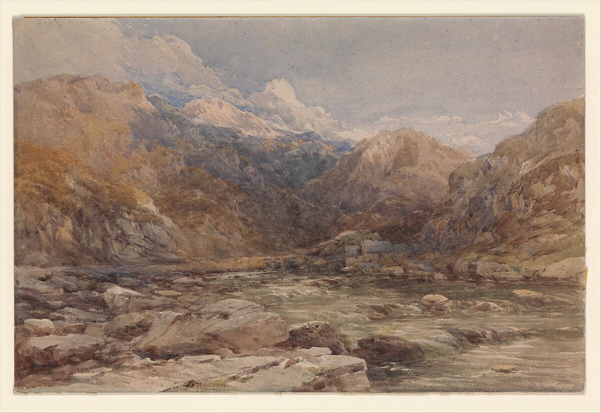 River Landscape in Wales, David Cox (British, Birmingham 1783–1859 Harborne, near Birmingham), Watercolor with touches of  gouache (bodycolor) over black chalk on rough paper pasted onto board 