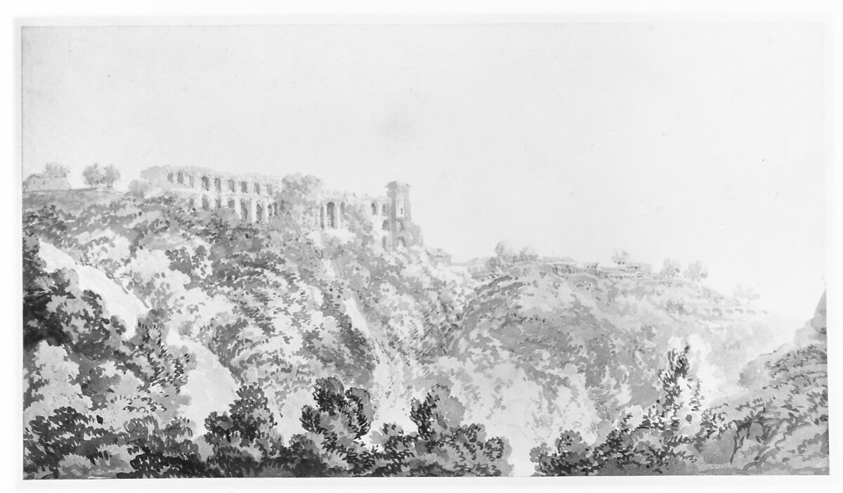 Tivoli, Villa of Maecenas and part of the Cascatelle, Joseph Mallord William Turner (British, London 1775–1851 London), Brush and blue-gray wash, over graphite