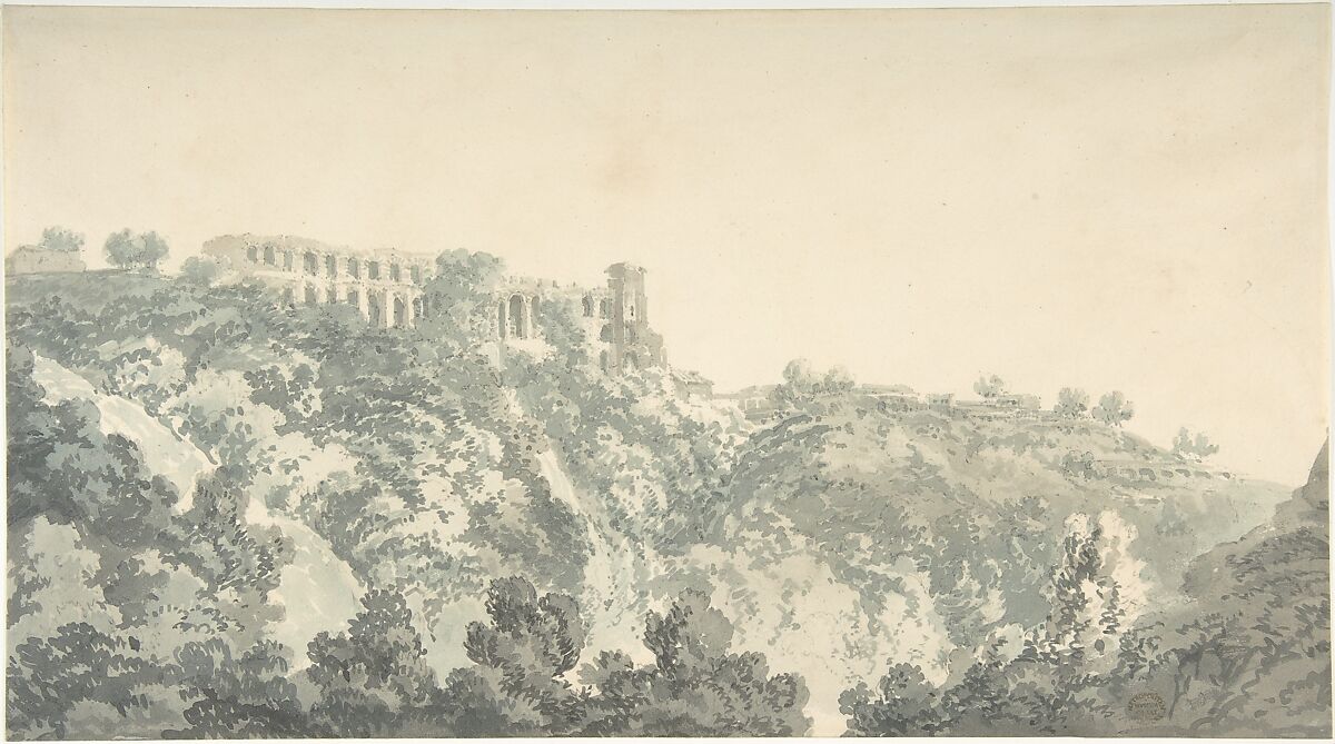 Tivoli, Villa of Maecenas and part of the Cascatelle, Attributed to Joseph Mallord William Turner (British, London 1775–1851 London), Brush and blue-gray wash, over graphite 