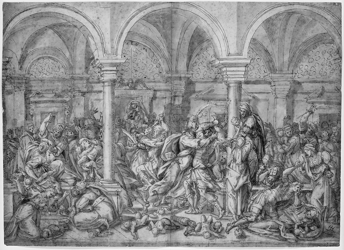 The Massacre of the Innocents, Giovanni Battista della Rovere (Italian, Milan ca. 1575–ca. 1630 Milan (?)), Pen and brown ink, brush and brown wash, over black chalk (recto); sketch for the decoration of a spandrel in pen and brown ink over red chalk (verso)